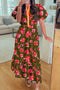 Floral Print Striped Trim Puff Sleeve Ruffle Hem Maxi Dress