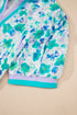 Floral Print Striped Trim Puff Sleeve Split Neck Blouse