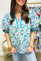 Floral Print Striped Trim Puff Sleeve Split Neck Blouse