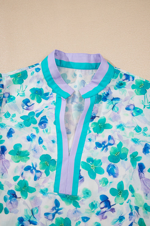 Floral Print Striped Trim Puff Sleeve Split Neck Blouse