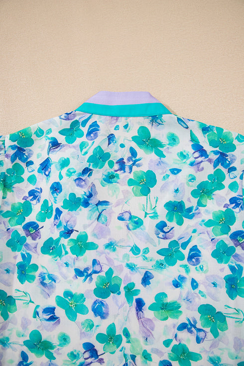 Floral Print Striped Trim Puff Sleeve Split Neck Blouse