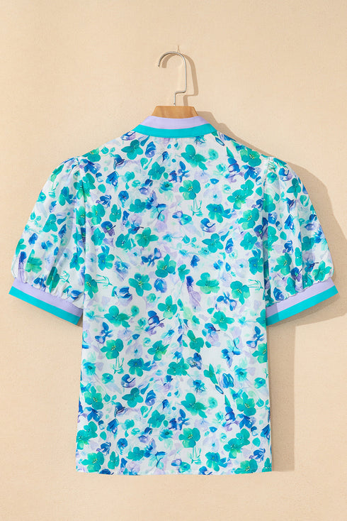 Floral Print Striped Trim Puff Sleeve Split Neck Blouse