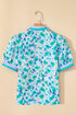 Floral Print Striped Trim Puff Sleeve Split Neck Blouse