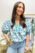 Floral Print Striped Trim Puff Sleeve Split Neck Blouse