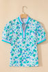 Floral Print Striped Trim Puff Sleeve Split Neck Blouse