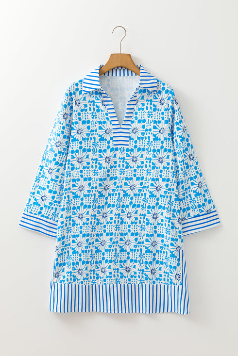 Floral Print Striped Trim Southern Belle Shift Mini Dress