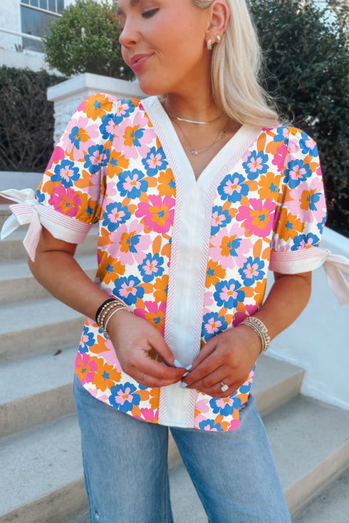 Floral Print Striped Trim Tie Front Cotton Blouse