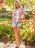 Floral Print Striped Trim Tie Front Cotton Blouse