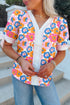 Floral Print Striped Trim Tie Front Cotton Blouse