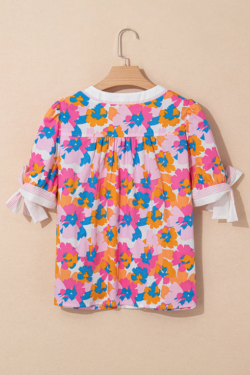 Floral Print Striped Trim Tie Front Cotton Blouse