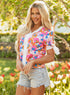 Floral Print Striped Trim Tie Front Cotton Blouse