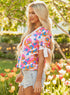 Floral Print Striped Trim Tie Front Cotton Blouse