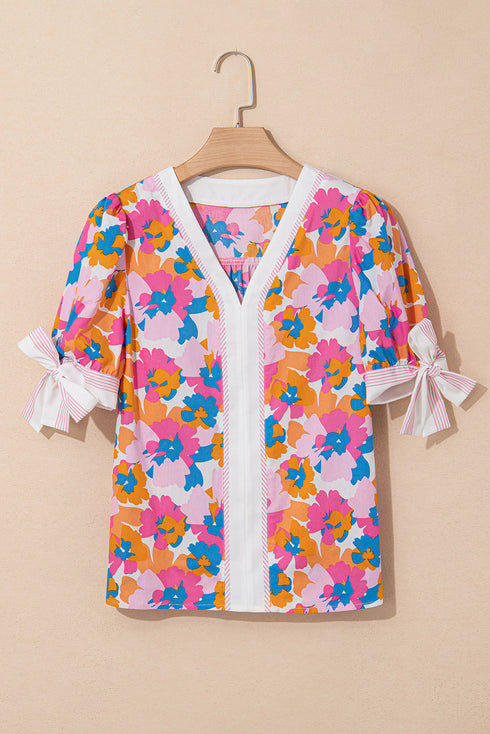 Floral Print Striped Trim Tie Front Cotton Blouse