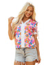 Floral Print Striped Trim Tie Front Cotton Blouse