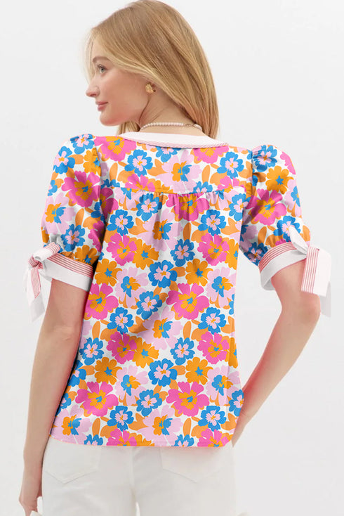 Floral Print Striped Trim Tie Front Cotton Blouse