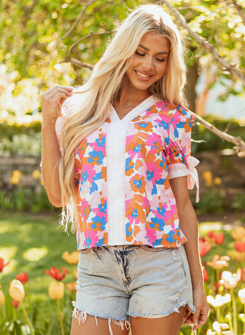 Floral Print Striped Trim Tie Front Cotton Blouse