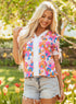 Floral Print Striped Trim Tie Front Cotton Blouse