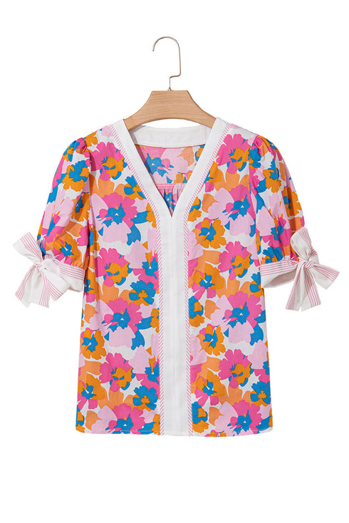 Floral Print Striped Trim Tie Front Cotton Blouse