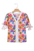 Floral Print Striped Trim Tie Front Cotton Blouse
