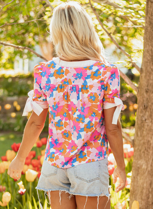 Floral Print Striped Trim Tie Front Cotton Blouse