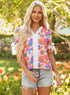 Floral Print Striped Trim Tie Front Cotton Blouse