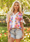 Floral Print Striped Trim Tie Front Cotton Blouse
