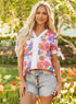 Floral Print Striped Trim Tie Front Cotton Blouse
