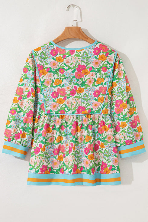 Floral Print Striped Trim Tie Neck Puff Sleeve Babydoll Blouse