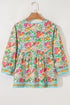 Floral Print Striped Trim Tie Neck Puff Sleeve Babydoll Blouse