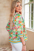 Floral Print Striped Trim Tie Neck Puff Sleeve Babydoll Blouse