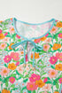 Floral Print Striped Trim Tie Neck Puff Sleeve Babydoll Blouse