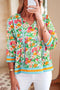 Floral Print Striped Trim Tie Neck Puff Sleeve Babydoll Blouse