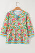 Floral Print Striped Trim Tie Neck Puff Sleeve Babydoll Blouse