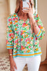 Floral Print Striped Trim Tie Neck Puff Sleeve Babydoll Blouse