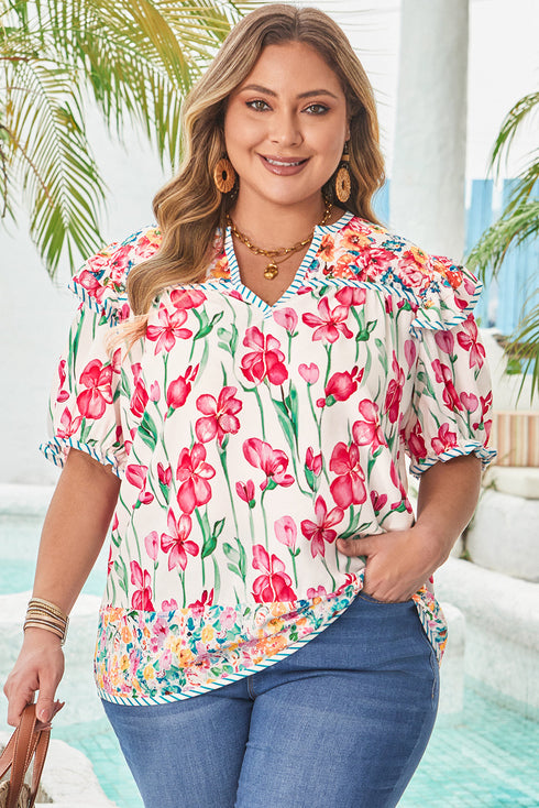 Floral Print Striped Trim V Neck Blouse