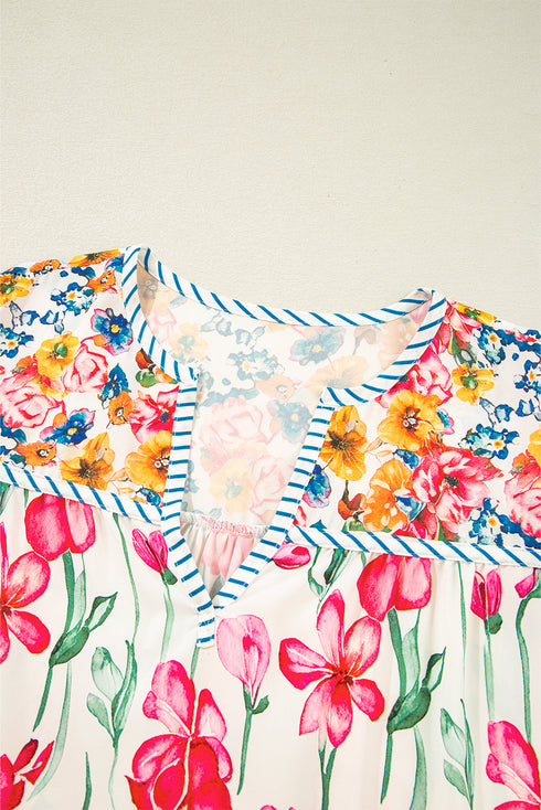 Floral Print Striped Trim V Neck Blouse