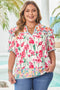 Floral Print Striped Trim V Neck Blouse
