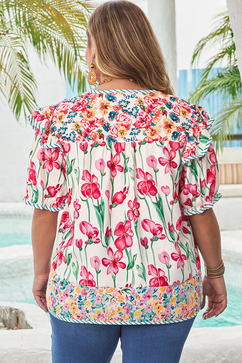 Floral Print Striped Trim V Neck Blouse