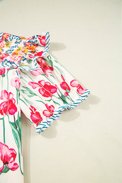 Floral Print Striped Trim V Neck Blouse