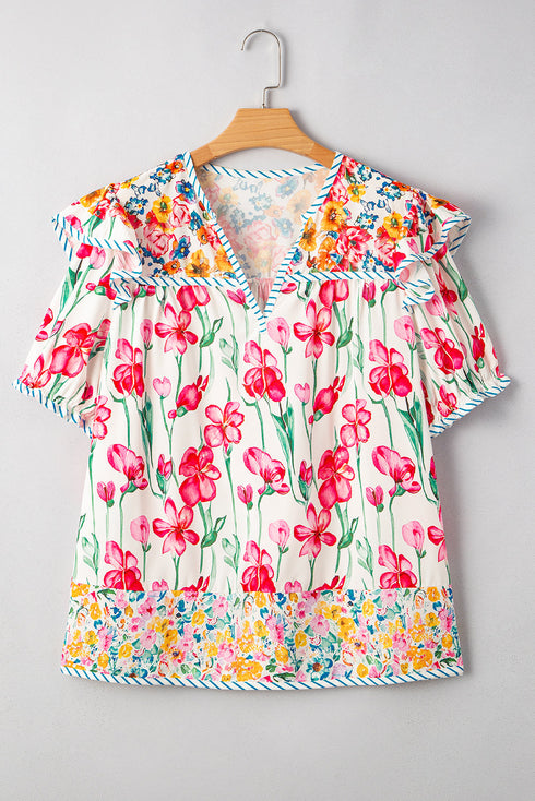 Floral Print Striped Trim V Neck Blouse