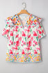 Floral Print Striped Trim V Neck Blouse