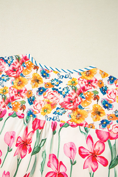 Floral Print Striped Trim V Neck Blouse