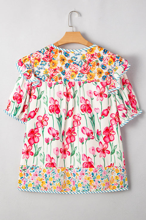 Floral Print Striped Trim V Neck Blouse