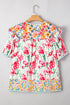 Floral Print Striped Trim V Neck Blouse
