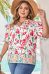Floral Print Striped Trim V Neck Blouse