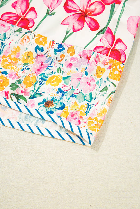 Floral Print Striped Trim V Neck Blouse