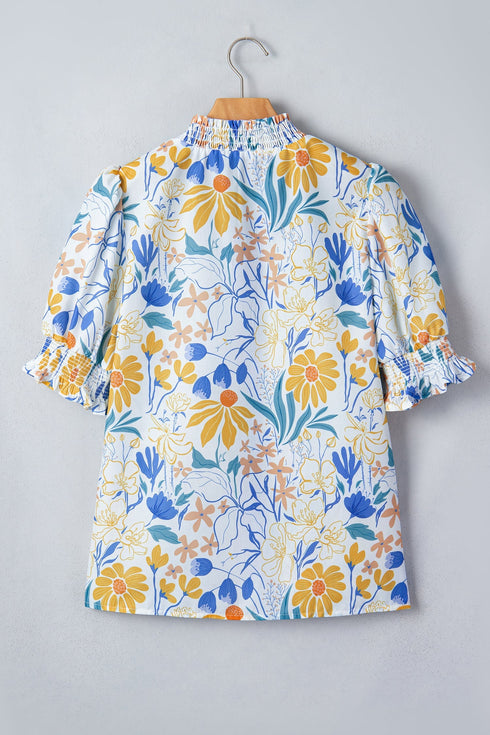 Floral Print Striped Trim V Neck Puff Sleeve Blouse