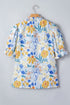 Floral Print Striped Trim V Neck Puff Sleeve Blouse