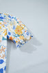 Floral Print Striped Trim V Neck Puff Sleeve Blouse
