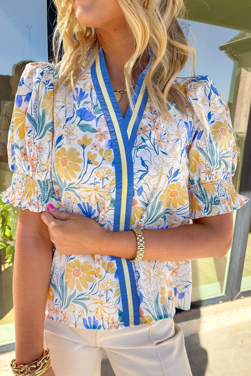 Floral Print Striped Trim V Neck Puff Sleeve Blouse